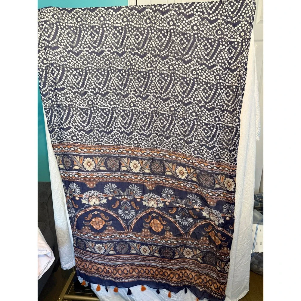 Navy Blue Boho Print Viscose Scarf Orange Tassel Trim Oversized Wrap RN 145645